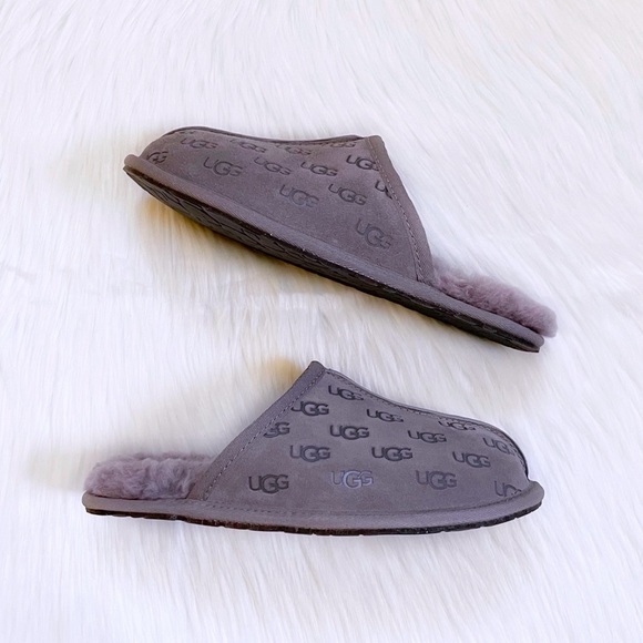 UGG Women’s Pearle Embossed Logo Stormy Grey Suede Slippers - Picture 6 of 8